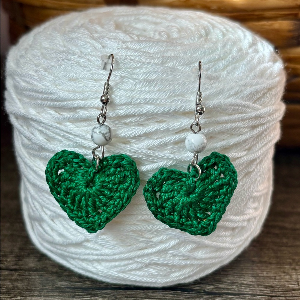 NEW Handmade Forest Green Heart Crochet Earrings